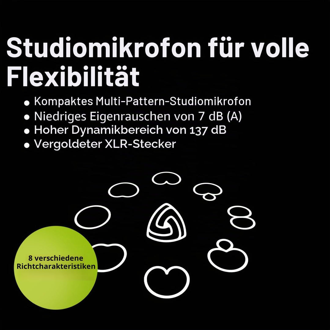 XLR-Kondensatormikrofon mit Mehrfachcharakteristik für Stimme, Gesang, Instrumentenaufnahmen &amp; ander