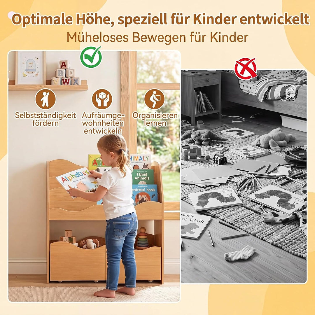COSTWAY Kinderregal mit 2 Boxen auf Rollen (Natur) | Bücherregal Kinder mit 3 wellenförmigen Ebenen,