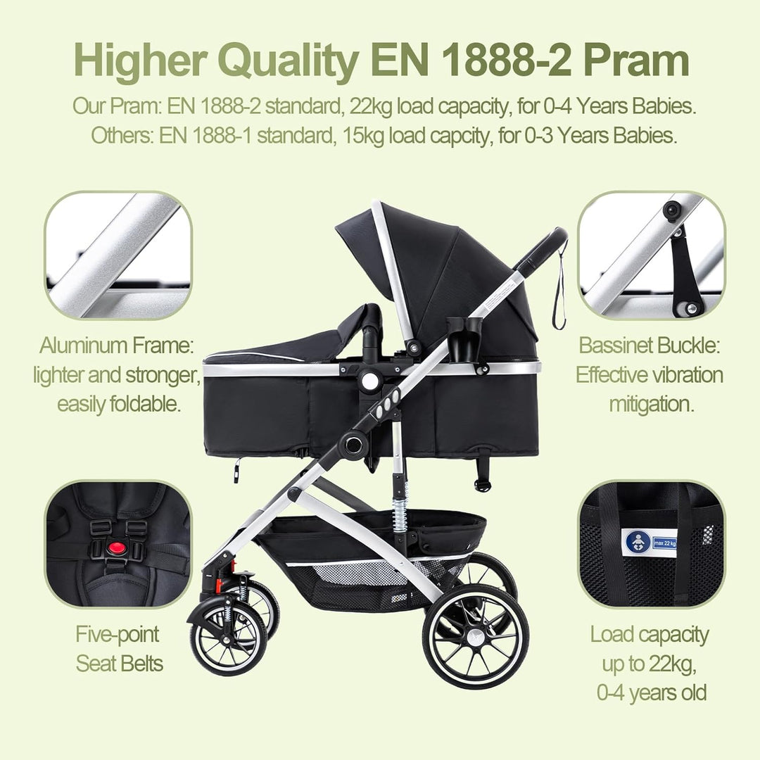 Gcarebb 3 in 1 Kinderwagen, Buggy Mit Auto Babyschale, Mit Einem Klick Zusammenklappbarer Tragbarer