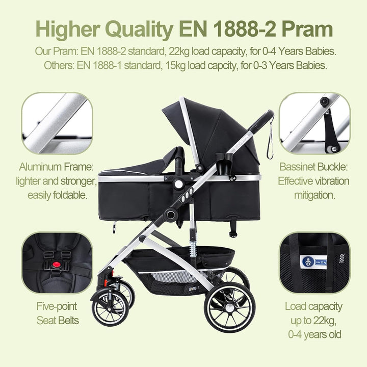 Gcarebb 3 in 1 Kinderwagen, Buggy Mit Auto Babyschale, Mit Einem Klick Zusammenklappbarer Tragbarer