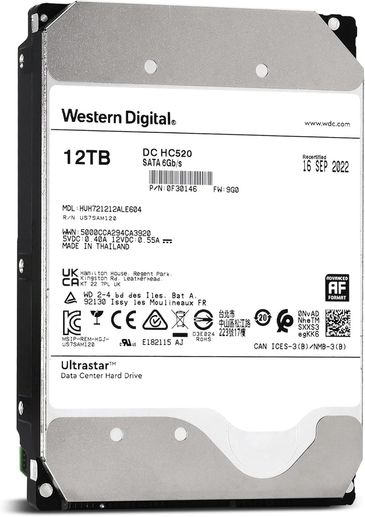Western Digital WD Ultrastar 12TB DC HC520 SATA HDD, 3,5 Zoll interne Festplatte für Server 256 MB C