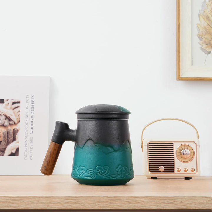 ZENS Teetasse mit Deckel und Teesieb, 450ml Grosse Holzgriff Teebecher mit Sieb und Gradienten Geprä