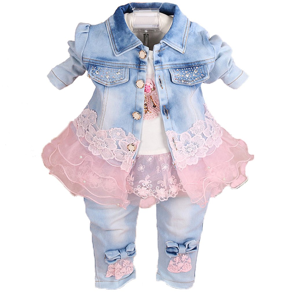 Yao Baby kleidung,Baby Mädchen Kleidungsset 3tlg Button-Stil Jeansjacke gestickte langarm T-Shirt un