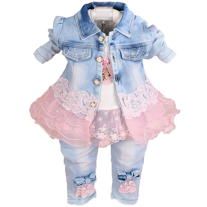 Yao Baby kleidung,Baby Mädchen Kleidungsset 3tlg Button-Stil Jeansjacke gestickte langarm T-Shirt un