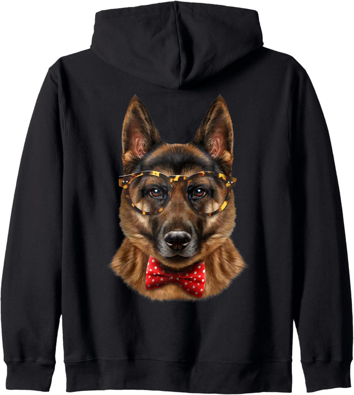 Deutscher Schäferhund in klassischer Brille und Fliege Kapuzenjacke