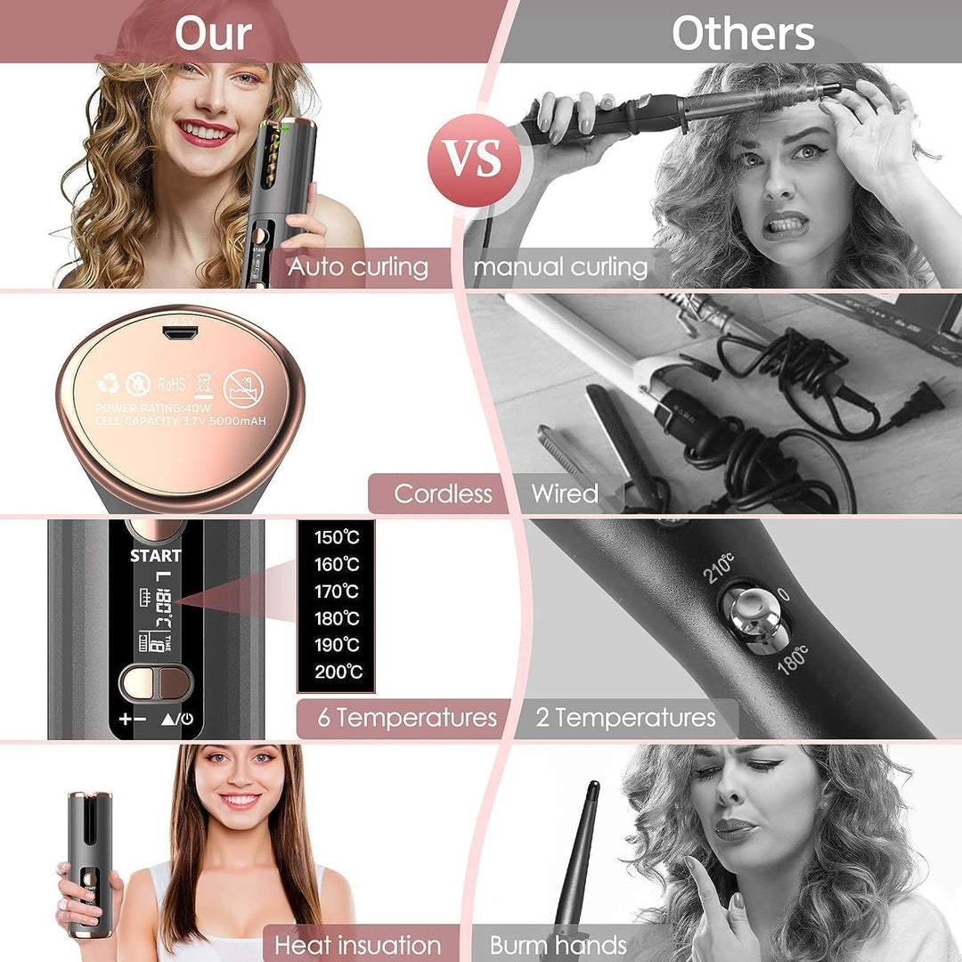 Automatischer Lockenstab, USB, wiederaufladbar, tragbar, 6 Temperaturen und Timer von 8-18 Sekunden