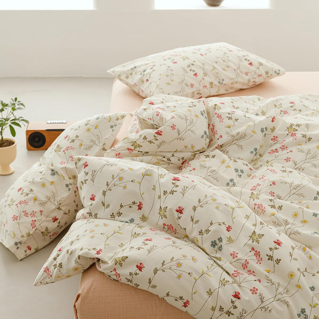 Freyamy Blumen Bettwäsche 135x200cm 2teilig Baumwolle Beige Rosa Bunt Floral Blätter Pflanzen Wende