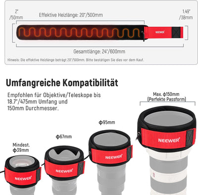 NEEWER USB Objektivheizung, 500mm Objektivwärmer für DSLR Kamera und Teleskop, 3 Temperatureinstellu