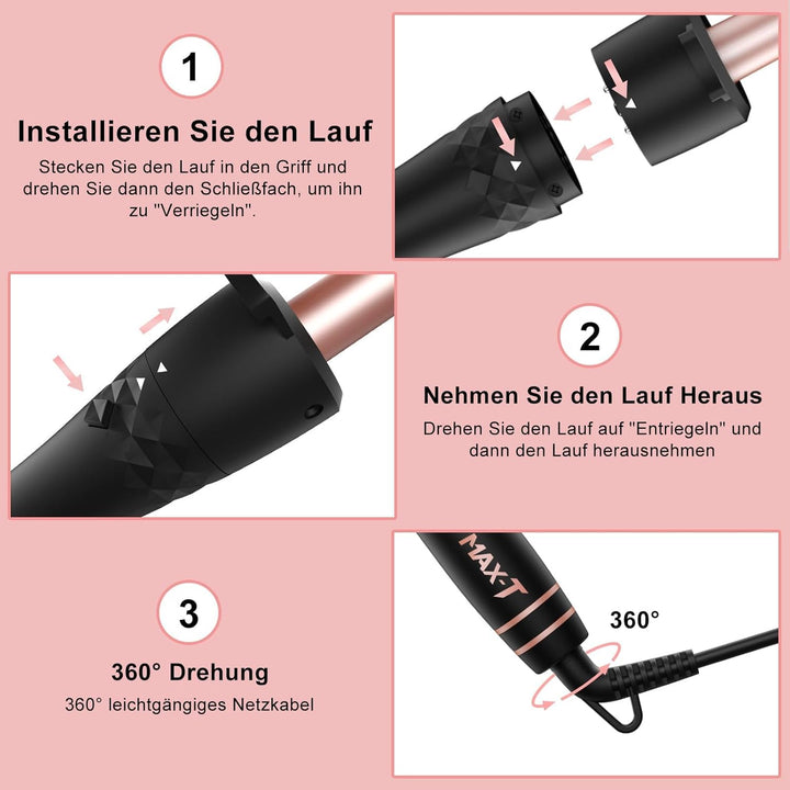 Lockenstäbe Set 5 in 1, MAX-T Lockenstab mit 3 Fässer und Multifunktion Thermal Brush, mit Verschied