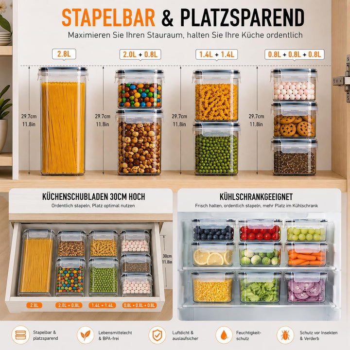 2.8L/30CM Küchen Vorratsdosen mit Deckel Luftdicht Gross 16er Set BPA Frei, aufbewahrungsbox mit dec