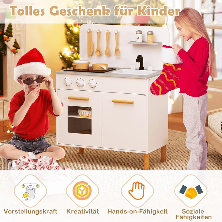 COSTWAY Kinderküche mit 10 Zubehör, Spielküche Holz mit Licht und Sound, Spielzeugküche mit Herd & S