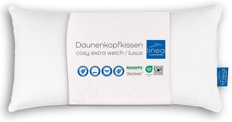Böhmerwald Luxus Kopfkissen, 100 % Daunen, Füllgewicht: 300 g, Stützkomfort: extra weich, 40 x 80 cm