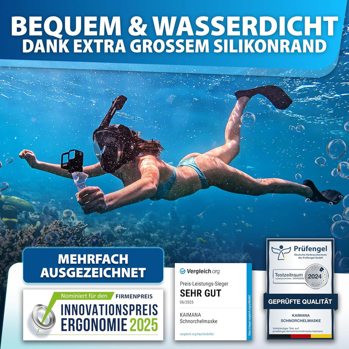 Die Preisgekrönte KAIMANA® Schnorchelmaske für Erwachsene &amp; Kinder - absolut CO2 sicher - inkl. Trag