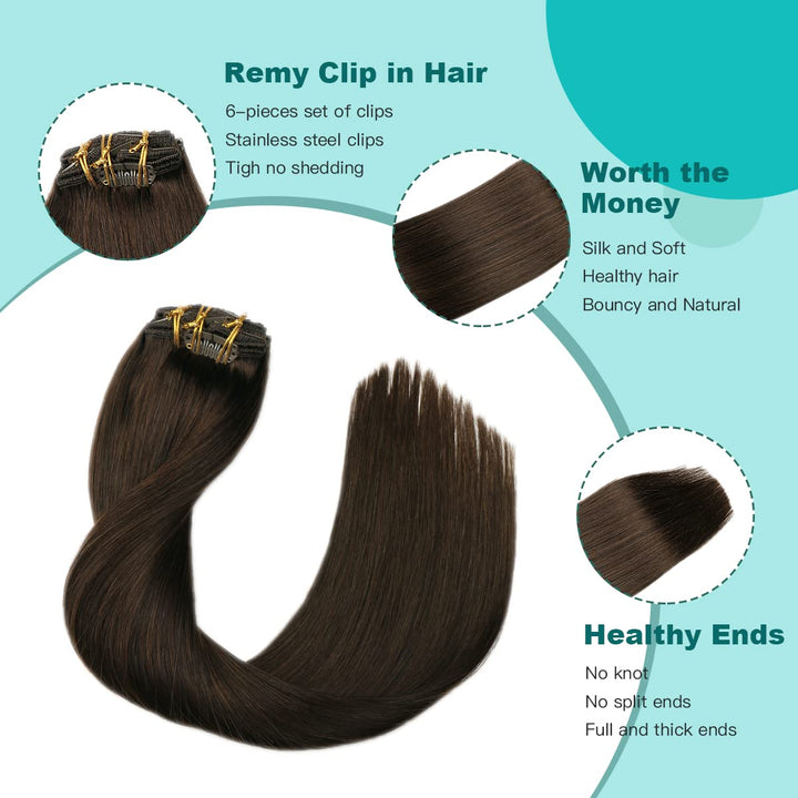 SURNEL 50cm Clip in Extensions Echthaar 6pcs/120g Dunkelstes Braun 
