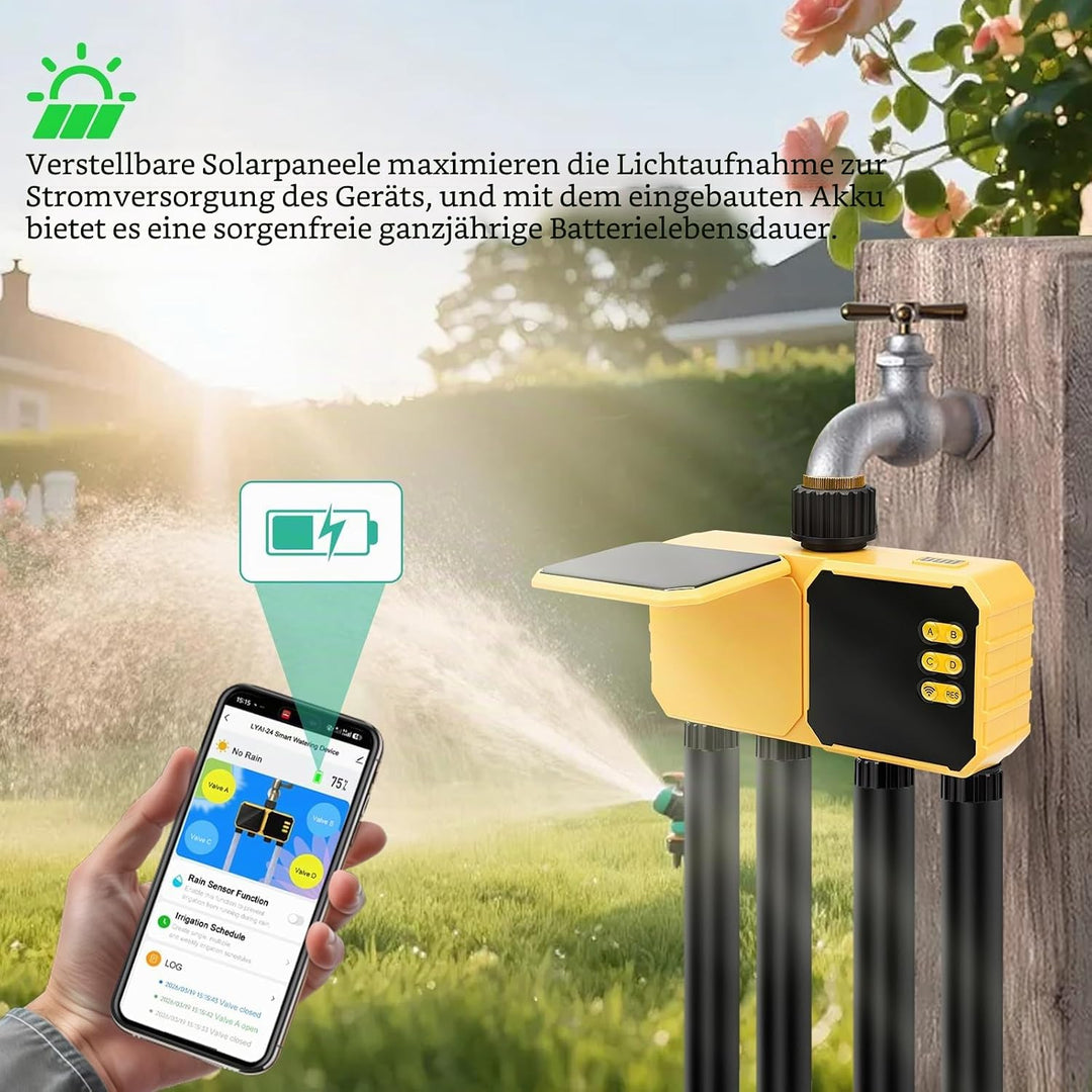 Nikou Bewässerungscomputer WLAN 4 Ausgänge, Solar Bewässerungsuhr Bewässerungssystem Garten Smart Ze