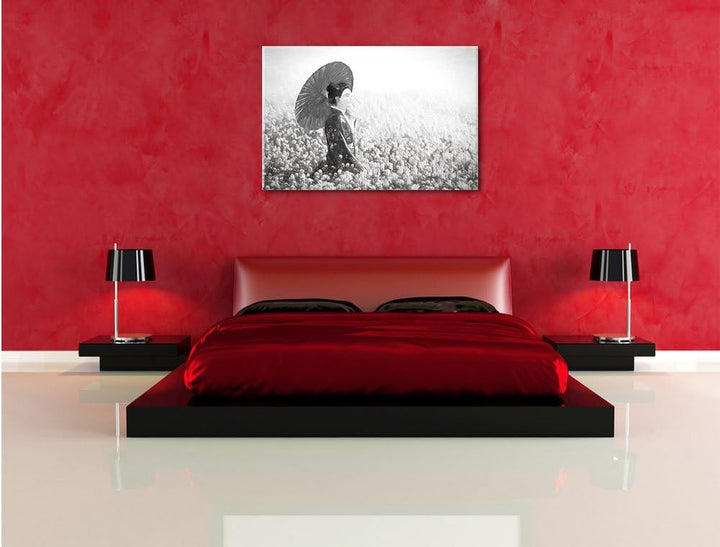 Pixxprint Geisha auf dem Feld Kunst Kohle Effekt, Format: 100x70 auf Leinwand, 100x70
