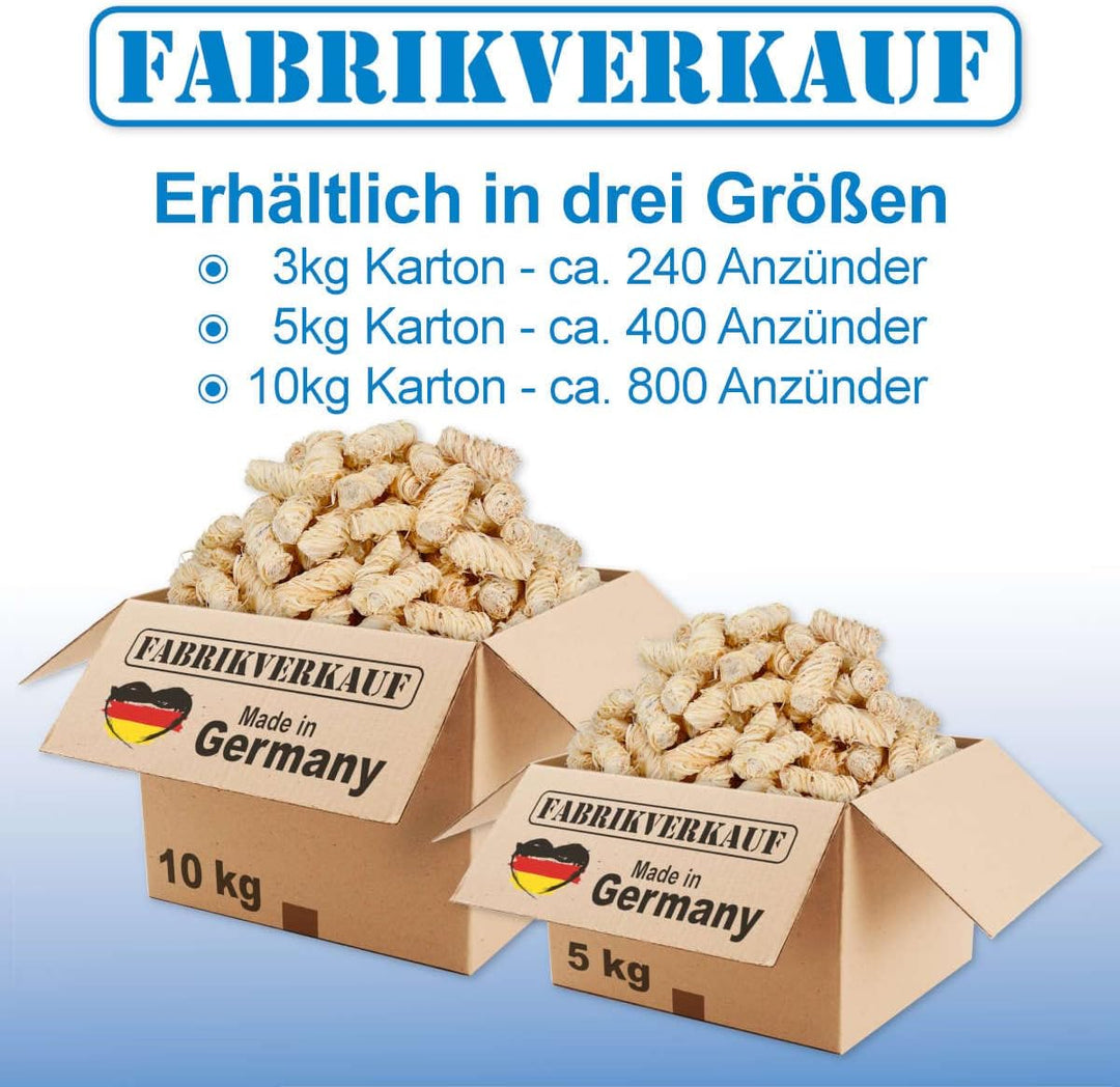 FABRIKVERKAUF Öko-Anzündwolle (10 kg) ca. 800 Stück, auch als (3kg+5kg), ökologische Grillanzünder,