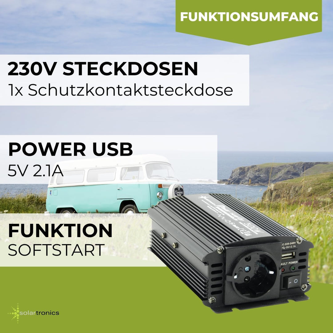 solartronics Spannungswandler Wechselrichter Intverter NM 300-5000 Watt 12V zu 230V schwarz USB Schu