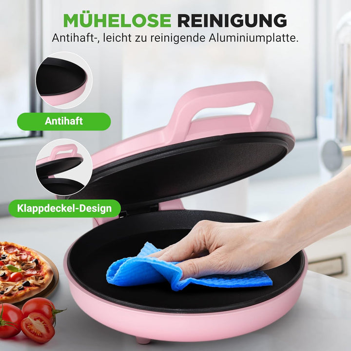 NutriChef Elektrischer Pizzaofen Pink – 1500W Kompaktgerät für 30cm Pizza Antihaftplatte für Pizza,