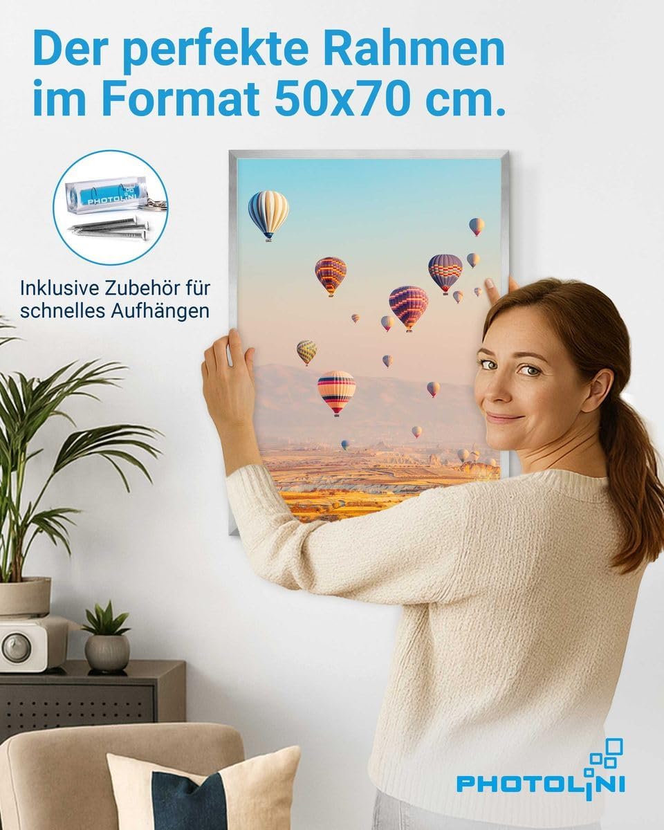 PHOTOLINI Bilderrahmen 50x70 cm Silber MDF-Holz, 2er Set Posterrahmen, bruchsicheres Acrylglas, zum