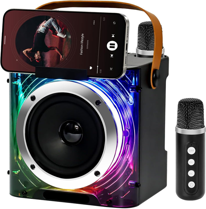 Karaoke Maschine mit 2 Mikrofone, Lautsprecher Box mit Lichteffekte, Tragbaren 5.3 Bluetooth Lautspr