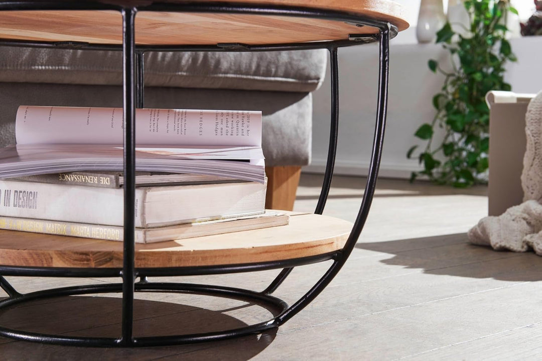 FineBuy Couchtisch 60x34,5x60 cm Akazie Massivholz/Metall Sofatisch | Design Wohnzimmertisch Rund |