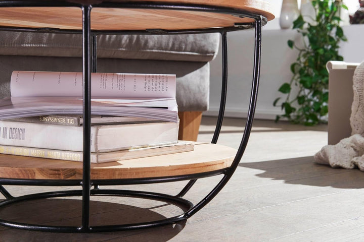 FineBuy Couchtisch 60x34,5x60 cm Akazie Massivholz/Metall Sofatisch | Design Wohnzimmertisch Rund |
