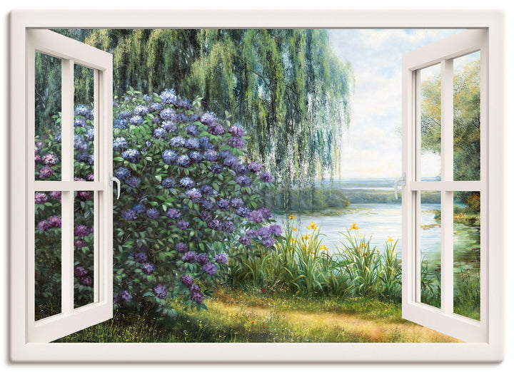 ARTland Leinwandbilder Wandbild Bild auf Leinwand 100x70 cm Landschaften Fensterblick J4WF Hortensie