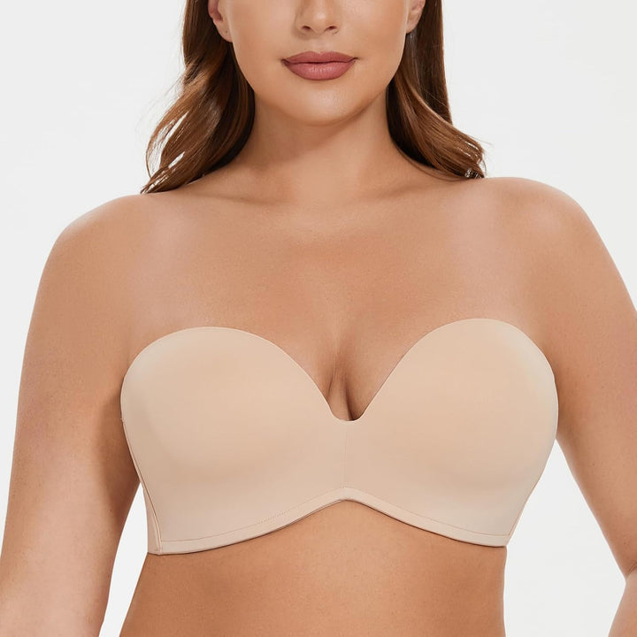 MELENECA Damen Ohne Bügel Gepolstert Anti-Rutsch Push Up Trägerloser BH 80A Beige, 80A Beige