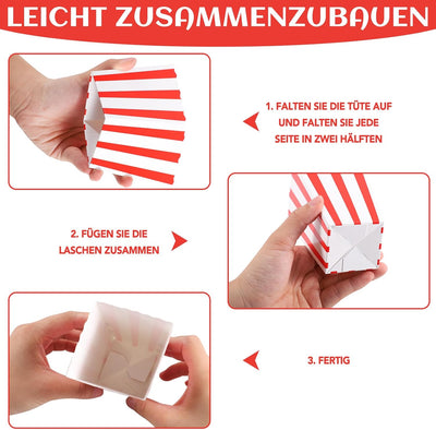 100 Stück Popcorn Tüten, 11,5x7x5 cm Popcorntüten Klein Popcorn Boxen Rot Weiss Snacktüten Süssigkei