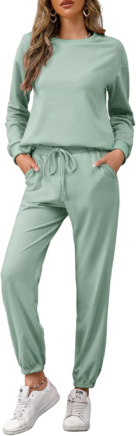 REORIA Damen Tracksuit Langarm Rundhalsausschnitt Einfarbig Zweiteiler Outfit Hoodie Jogger Training