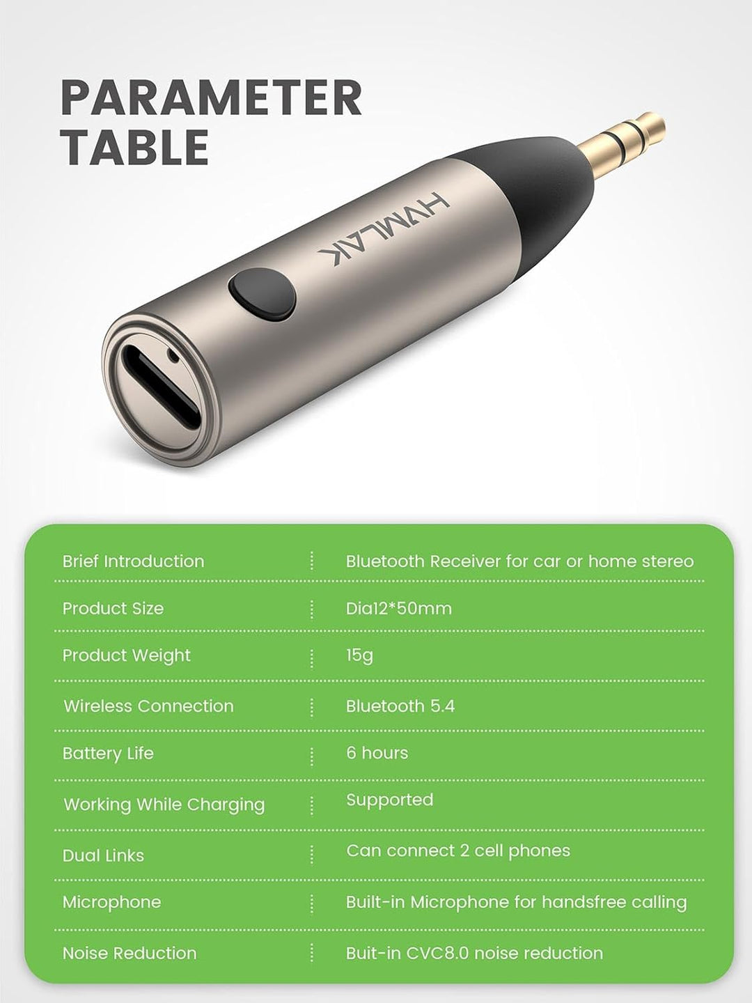 HVMLAK Aux Bluetooth Adapter Auto, Bluetooth 5.3 Empfänger [Stabile Verbindung] für Autoradio Heim-S