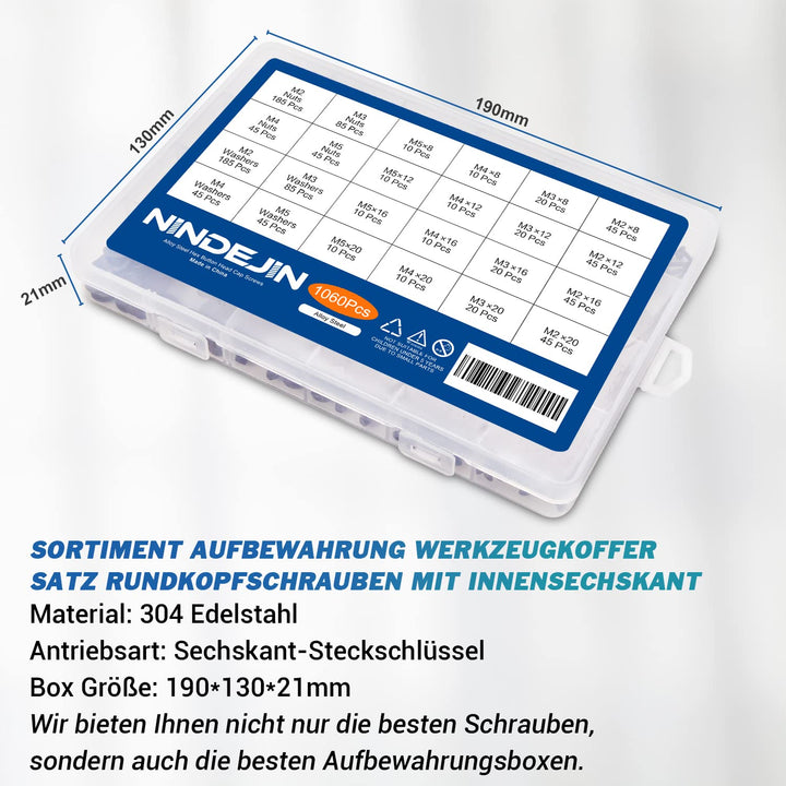 Schrauben Set NINDEJIN 1060PCS Kohlenstoffstahl Schrauben Muttern und Unterlegscheiben Sortiment Kit