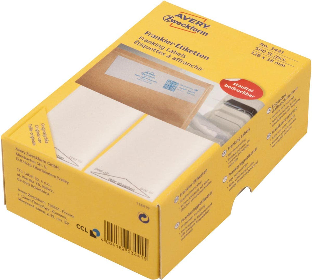 AVERY Zweckform 3442 Frankier-Etiketten (Papier matt, 500 Etiketten, 138 x 48 mm) 1 Pack weiss 500 E
