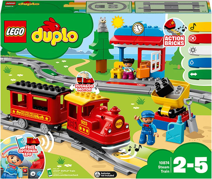 LEGO 10874 DUPLO Dampfeisenbahn, Spielzeugeisenbahn mit Licht & Geräuschen und Push-&-Go-Motor, Spie