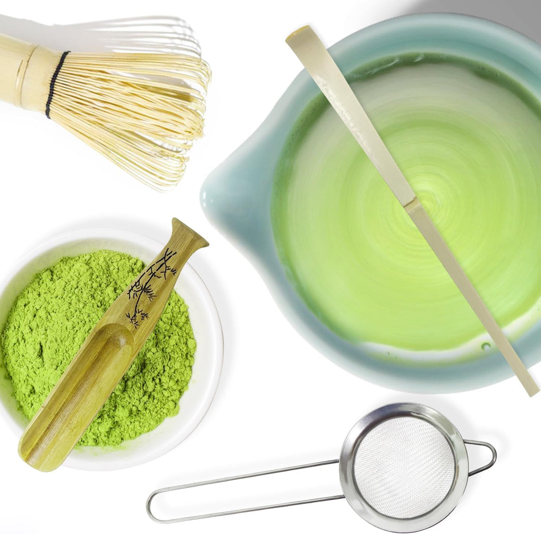 Matcha Tee Set – Matcha Besen Set mit Schneebesen, Besenhalter, Keramik Matcha-Schale, 2 Teelöffel –