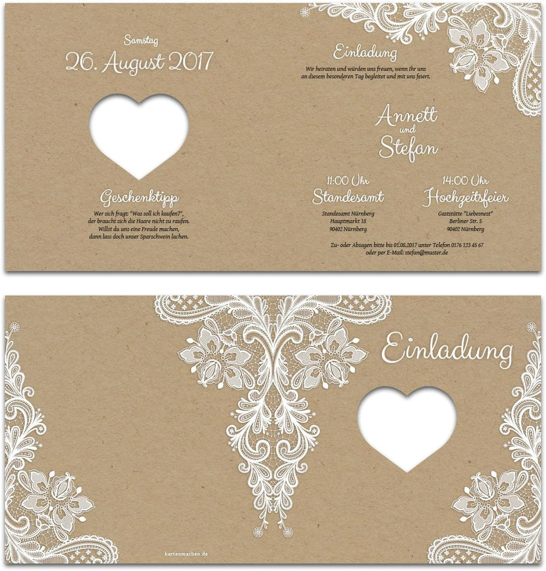 Kartenmachen.de Lasergeschnittene Hochzeit Einladungskarten - Rustikal Kraftpapier - Hochzeitskarten