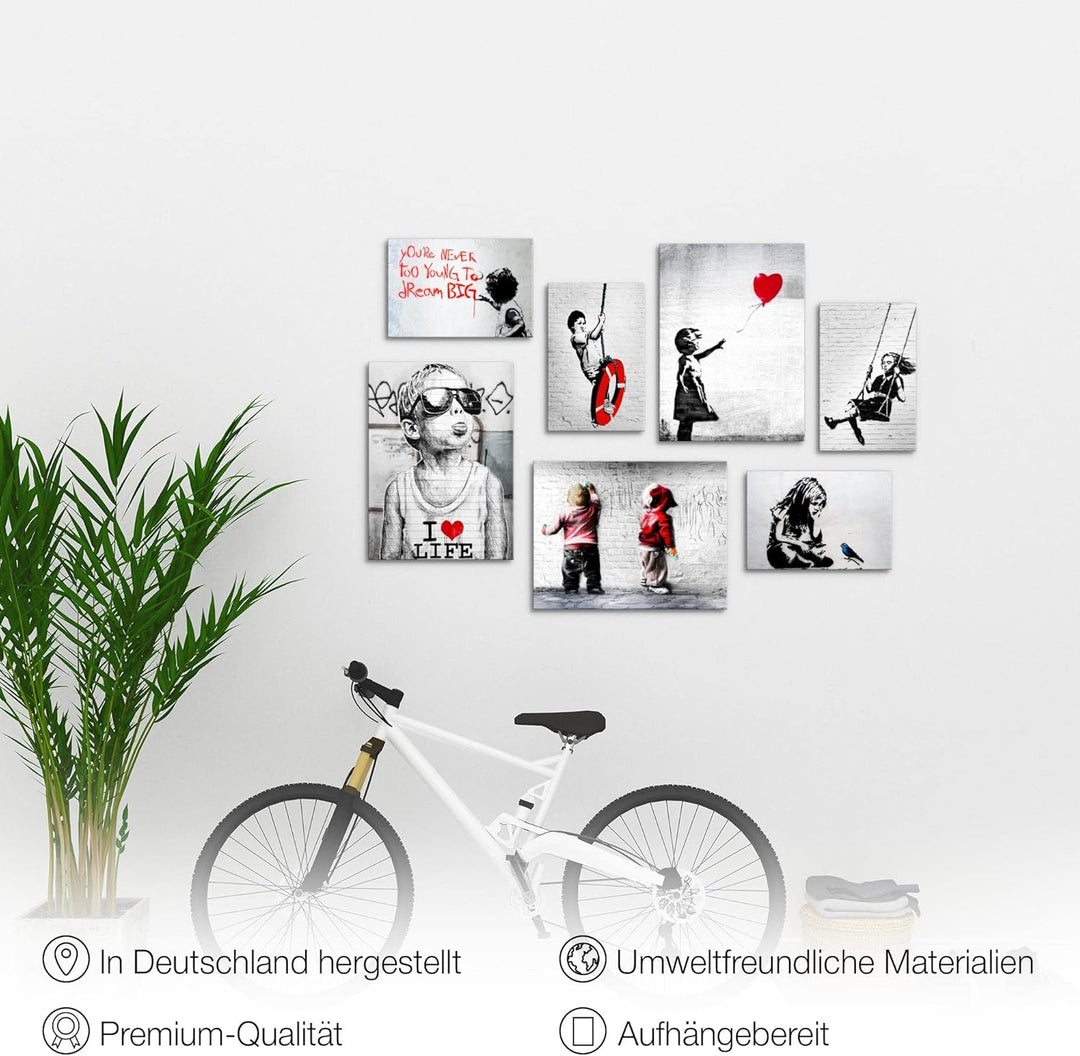 Novart Wandbilder Banksy Collage - KOMPLETT AUFHÄNGFERTIG - Street Art Wohnzimmer Büro- 7 Moderne Mo