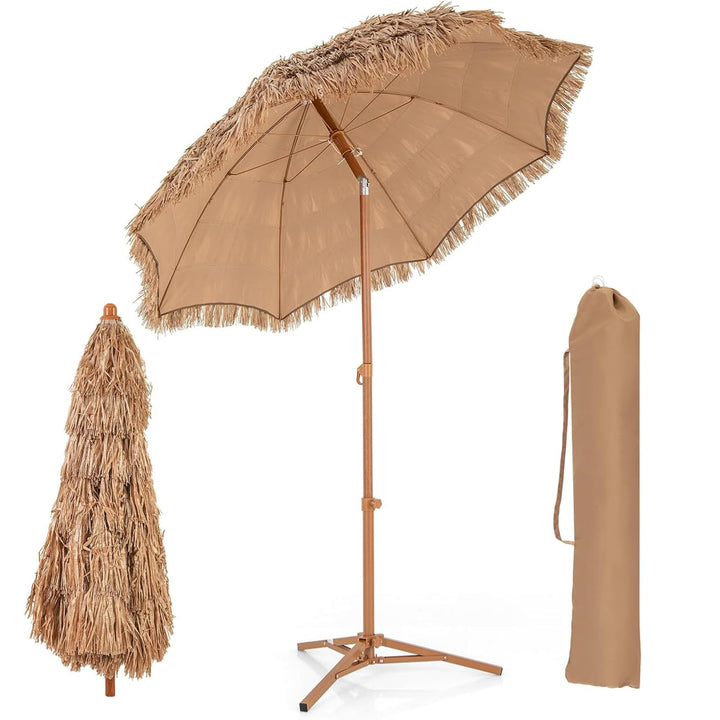 GOPLUS Sonnenschirm Hawaii, Ø 175 cm Strohschirm mit Ständer, Strandschirm Stroh um 30° knickbar, Te