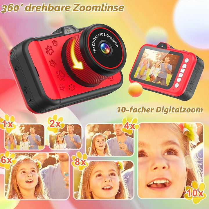 Ushining Kinderkamera, 3,5" Grossbildschirm Kinder Kamera mit 360° Drehbares Zoomobjektiv LED-Blitz