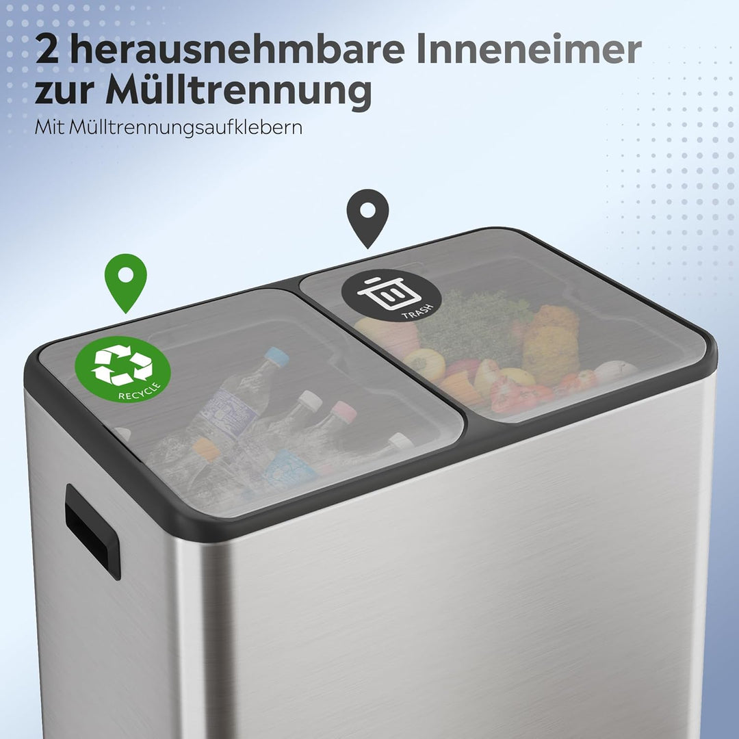 WLIVE Mülleimer 2 x 30L (60L Gesamtvolumen),Mülleimer Küche,Edelstahl Mülltrennsystem mit Mülleimer