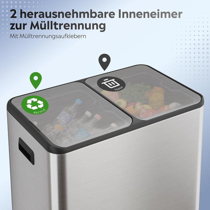 WLIVE Mülleimer 2 x 30L (60L Gesamtvolumen),Mülleimer Küche,Edelstahl Mülltrennsystem mit Mülleimer