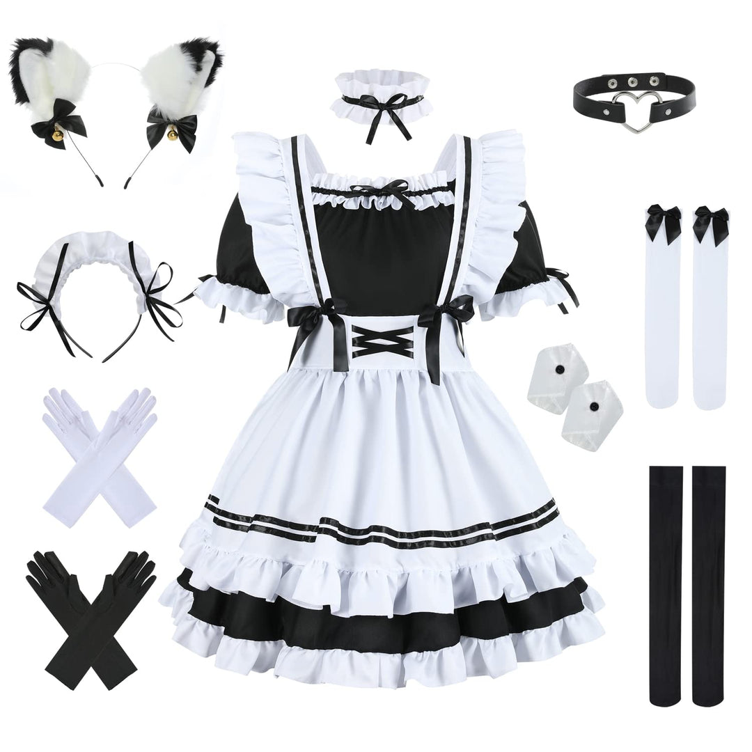 nbe - Niedliches Anime Französisch Dienstmädchenkleid mit 12-TLG. Kuchengarnitur, Herz-Choker-Kostüm