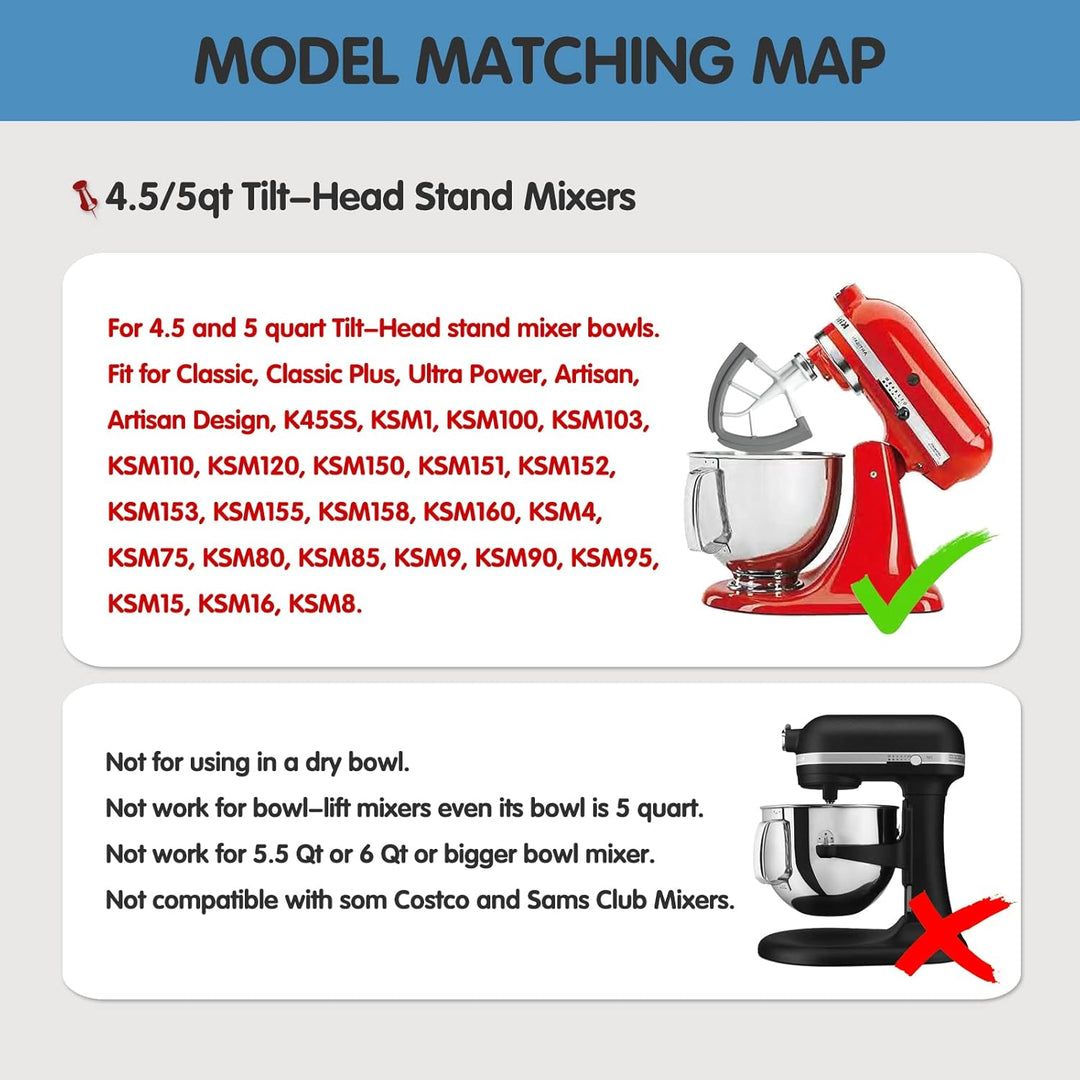 Flex Edge Schlägel für KitchenAid 4,5–5 Quart Kippkopf-Standmixer, Flachrührer Zubehör Mit Beide Kan