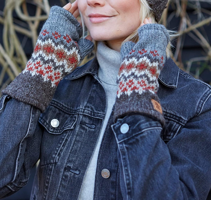 Damen Wolle Handwärmer Fleece gefüttert Handgestrickt Fair Isle Mehrfarbig Einheitsgrösse Handarbeit