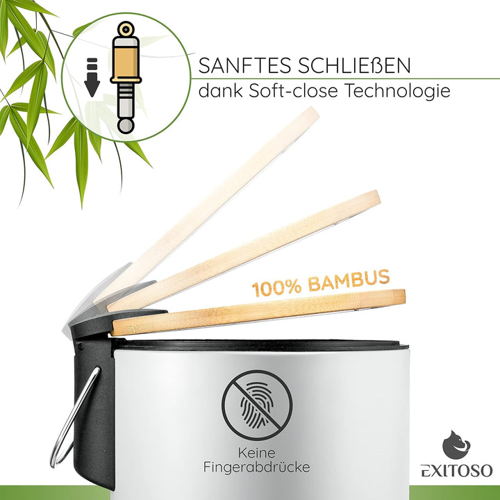 Exitoso kleiner Mülleimer Bad weiss - Kosmetikeimer 3L Bambus rutschfest - Tretmülleimer Bad Edelsta