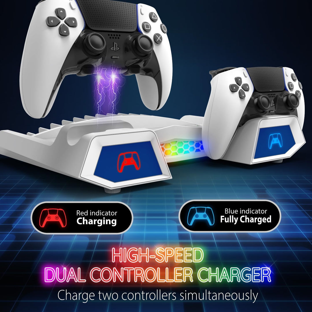 Fosmon - PS5 Ständer mit 3 stufig Lüfter und Licht, PlayStation 5 Slim/pro Standfuss mit 2 USB Ports
