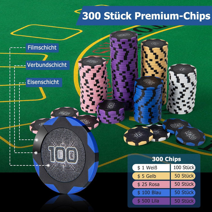 GOPLUS 300 Stück Pokerset, Pokerkoffer mit 2 Kartendecks & 5 Würfel & 3 Dealer-Buttons & Pokertuch &