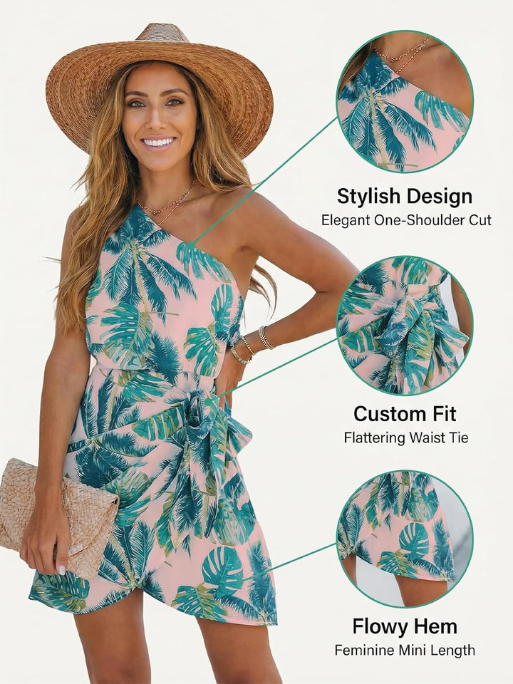 CUPSHE Damen Sommerkleid One Shoulder Tropical Print Schulterfreies Strandkleid Asymmetrische Freize
