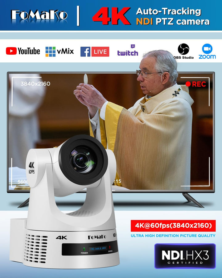 FoMaKo 4K 60FPS NDI HX3 PTZ Kamera, 20x Optischer Zoom, Gen 3 KI Auto-Tracking, 3G-SDI/HDMI/NDI/USB/